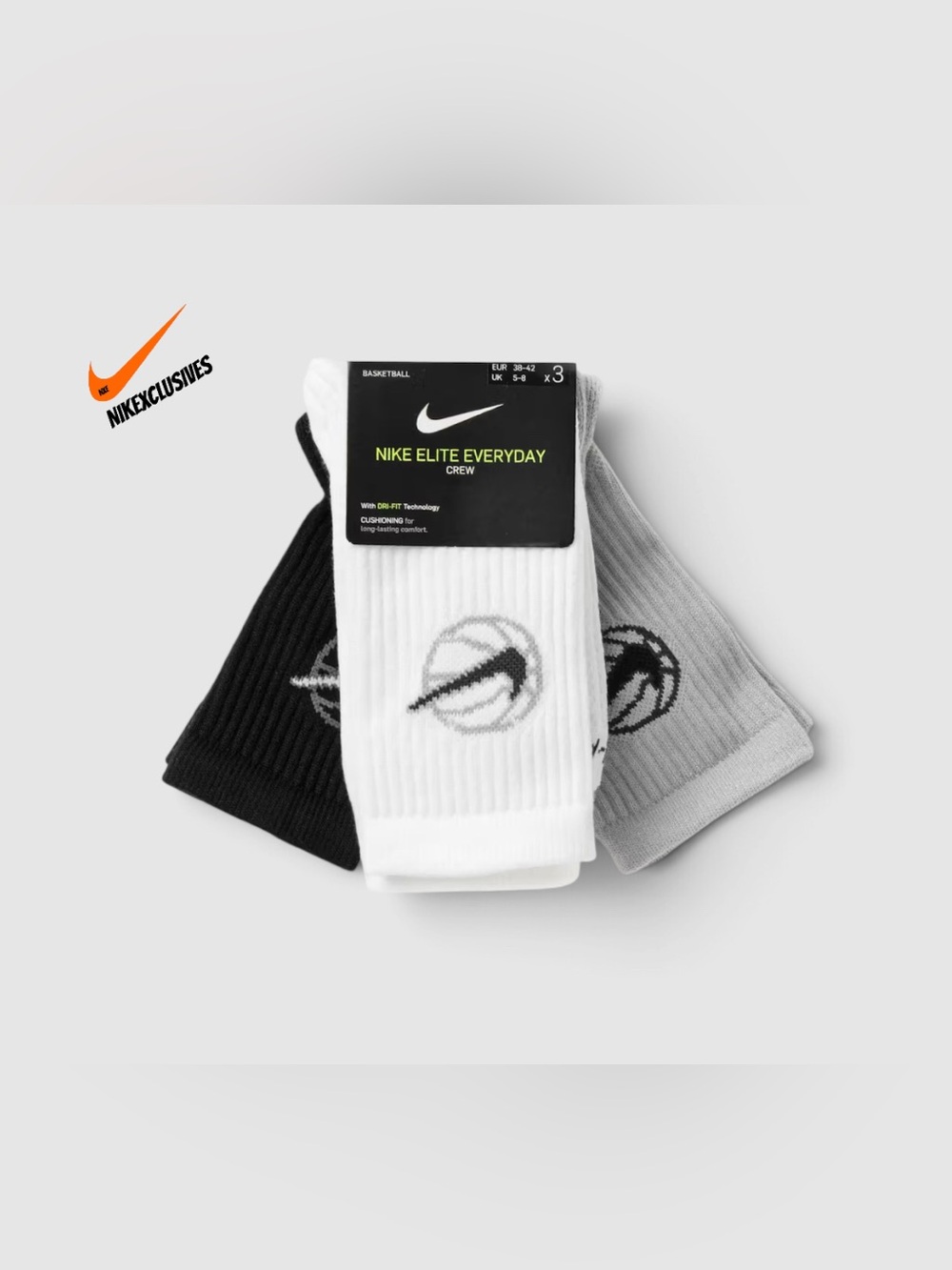 Nike Elite Everyday Crew Socks - Black, White, Gray (3-Pack) DA2123-902